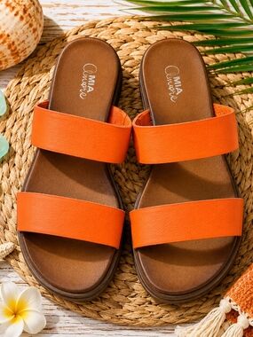 Mi Amore Women's Orange Double-Strap Slide Sandals 8